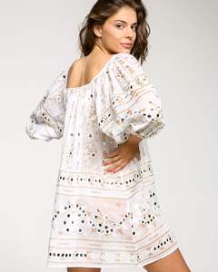 Airy Cotton Mirror Embroider Tribal Gold & Khadi Screen Print Bouffed Sleeve Perfect Beach Tunic Summer Charm Mini Dress - Product Image 2