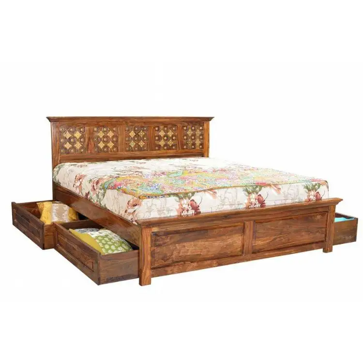 Beautiful Indian Designer New style latest luxury solid wood king size bed designs Wooden Bed with storage drawer