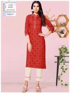 Couture cousue en coton rouge, Style indien, Kurti avec pantalon, vente en gros - Product Image 4