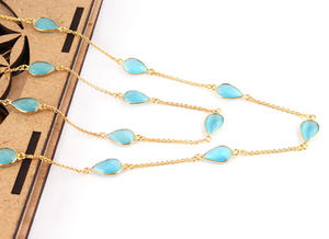 Forma de pera Briolette corte cielo azul ojo de gato collar Vermeil chapado en oro bisel ajuste ancla cadena Collar para regalos de boda - Product Image 3