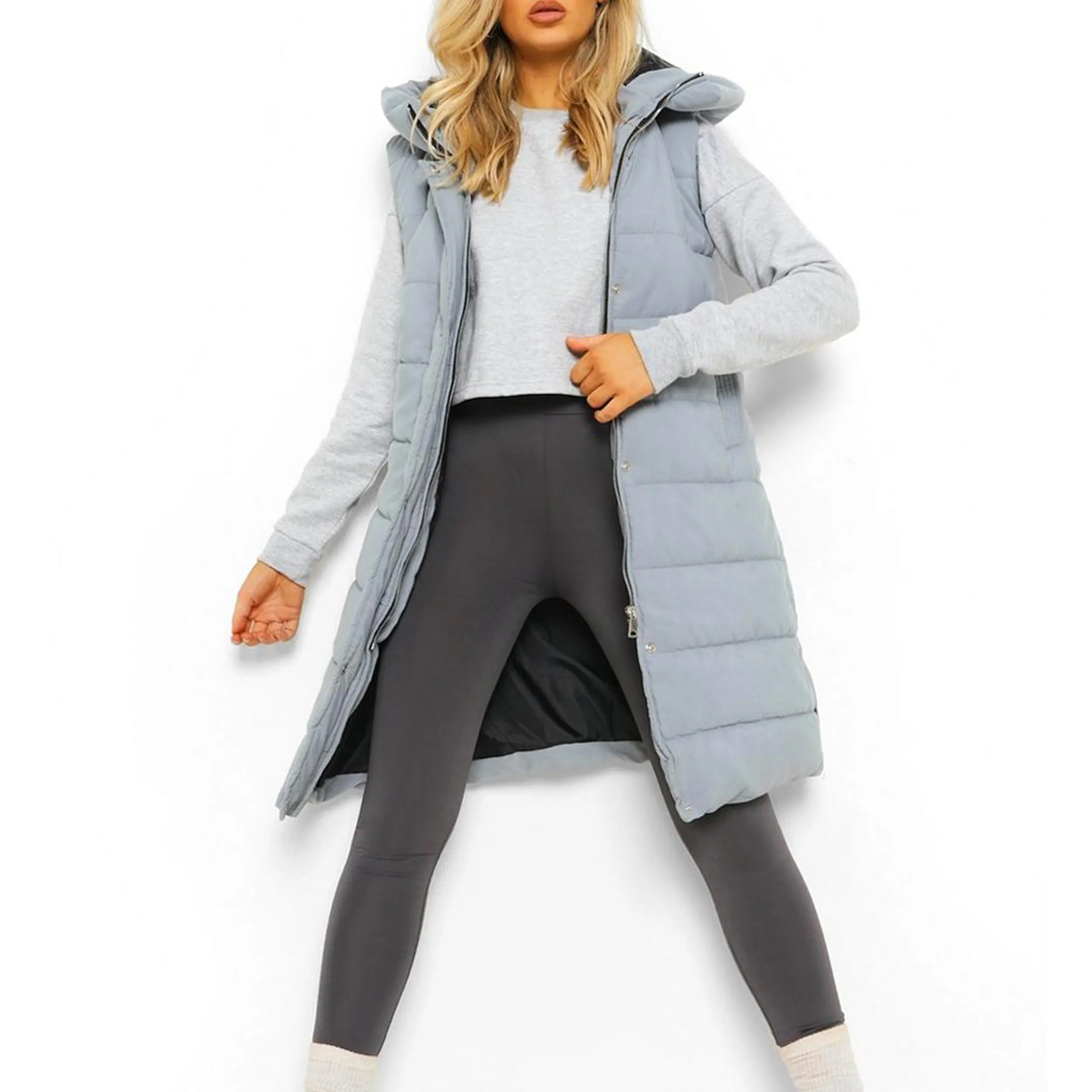 Latest Style Custom Women Puffer Long Coat Winter Warm Puffer Jacket For Ladies Long Down Vest Sleeveless Puffer Coats
