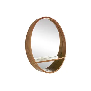 Round Wall Mirror with Wooden Small Shelf