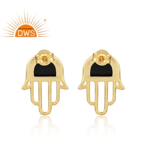Natural Black Onyx Gemstone Earring Hamsa Hand Designer Stud Earring Gold Plated Silver Earrings Manufacturer - Product Image 3
