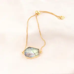 Gelang labradorite berkilau biru alami gelang buatan tangan kunci slider bermata berlapis emas