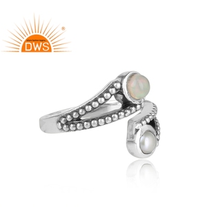 Anillo de Plata de Ley 925 con gema de ópalo blanco y Perla blanca para mujer, sortija oxidada, joyería - Product Image 3