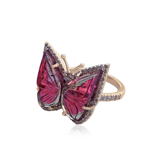 Huitan — bague traditionnelle en Tourmaline naturelle, or jaune, bijou blanc, pavé diamant, papillon, nouveau Design 2020, 14K - Product Image 2
