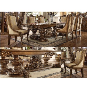 Juego de Comedor de Madera de Teca Moderna Tallada a Mano, Pulida en Color Oscuro, para 6 Personas, con Acabado en Dorado Antiguo y Marrón - Product Image 1