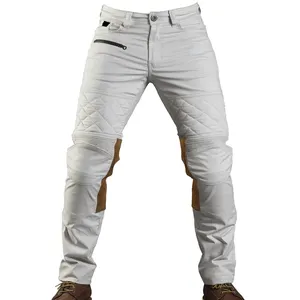 Pantalone in tela bianca da moto da uomo di vendita caldo con pantaloni protettivi in tela da moto con toppe in pelle scamosciata marrone