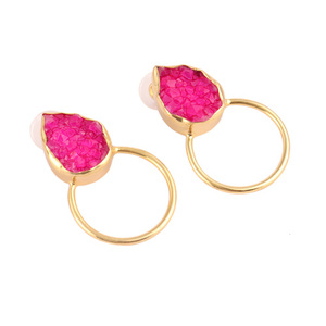 Pendientes de aro con forma de pera para mujer, aretes de aro dorados o plateados, con forma de pera, color rosa natural, con drusa, en oferta - Product Image 4