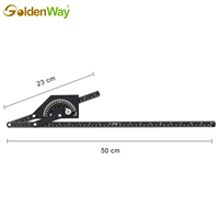 Acero Inoxidable GoldenWay # Transportador de ángulos de 180 grados con escala grabada, 51x51 cm, brazos cortos y largos de 50 cm, modelo GASP03003