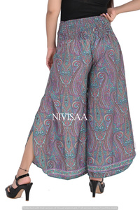 Đẹp màu tím bên cắt thiết kế Bohemian Paisley in lụa <span class=keywords><strong>viscose</strong></span> vải quần plazo Kích thước miễn phí plazo quần cho phụ nữ - Product Image 5
