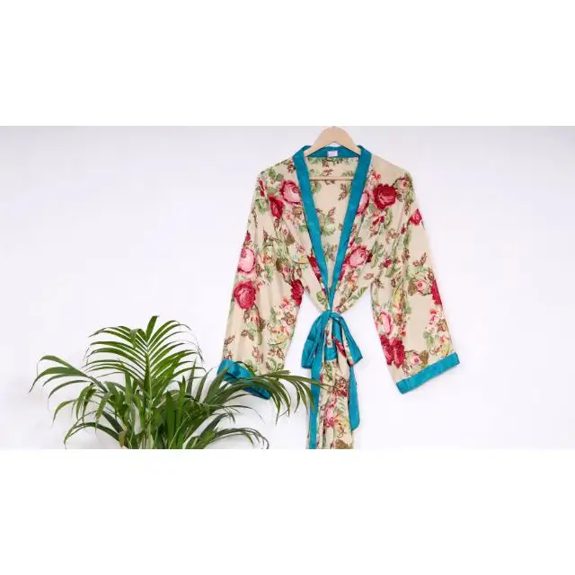 Hoa In Lụa Tái Chế Sari Kimono Robe Lụa Quần Áo Ngủ Kimono Beachwear Dress Handmade Áo Choàng Tắm Lụa Mặc Kimono Robe
