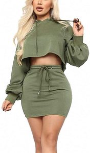 Survêtement 2 pièces en coton uni pour femmes, haut court et design personnalisé, ensemble de sport à la mode - Product Image 5