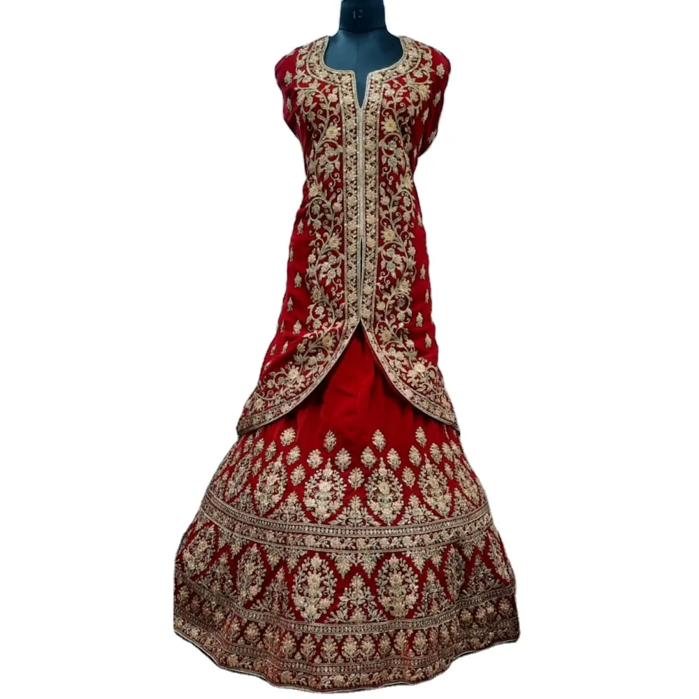 Gaun Pengantin Desainer Pengantin Pakistan, Gaun Rok Desainer Pengantin Choli Lengha, Bordiran Cantik Berat Merah & Emas, Buatan India