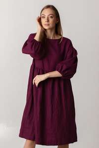 Perfect to wear for any occasion or event this spring / summer purple color crepe solid o-neck <b>long</b> <b>sleeve</b> women linen <b>dress</b> - Product Image 4