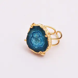 Blauw Solar Quartz Rings Prong Set Edelsteen Ring Vergulde Groothandel Aangepaste Mode-sieraden