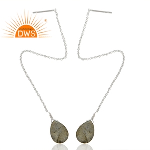 Boucles d'oreilles pendantes en pierre de labradorite naturelle, bijoux en argent plaqué rhodium blanc, boucles d'oreilles longues à chaîne - Product Image 2