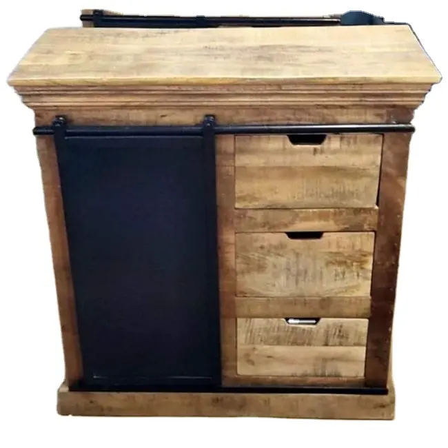 Industrial & vintage Iron Metal & Old solid Mango wood Antique home furniture 1 Sliding door & 3 Drawers living room Cabinet