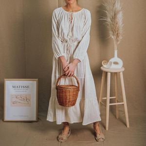 Nouvelle arrivée, robe longue en lin pour femme, design tendance et à la mode, couleur blanche, tissu crêpe, col rond, manches longues - Product Image 1