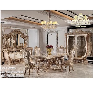 Muebles de comedor con acabado metálico plateado, muebles de comedor clásicos con acabado metálico para el hogar, comedor de lujo tallado pesado - Product Image 1