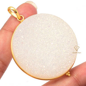 Rainbow Moonstone Titanium Druzy Gemstone Pendant 925 Sterling Silver Gold Plated Bezel Setting-Suministros al por mayor - Product Image 1