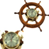 Jam Dinding Kapal Nautikal Premium 18'' Buatan Tangan, Kayu Lebar dengan Bingkai Kuningan, Angka Terukir Cokelat, Gaya Vintage Eropa