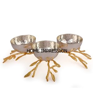 Bol décoratif en métal avec rayures et feuille, 1 pièce, style vintage, 3 tasses en or - Product Image 3