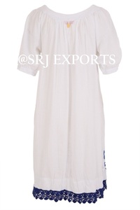 Tunique blanche pour adulte neuve 2026 avec broderie en chaîne bleue, manches courtes bouffantes, tenue de soirée de plage, robe courte - Product Image 6
