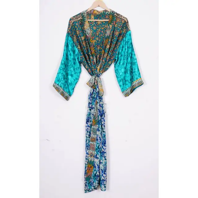 Vintage Zijden Kimono Night Gown Maxi <span class=keywords><strong>Zijde</strong></span> Badjas Kimono Indiase <span class=keywords><strong>Pure</strong></span> Zijden Kamerjas Kimono, Handgemaakte Bruids Jurk Lange