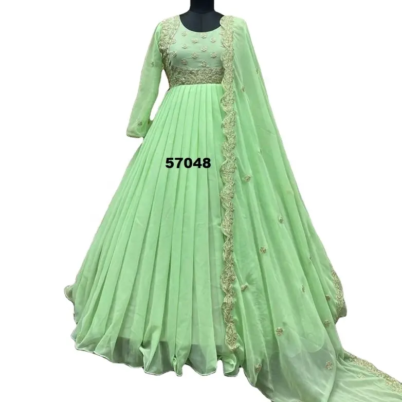 Зеленое длинное платье с вышивкой для индийских и Пакистанских Женщин по самой низкой цене