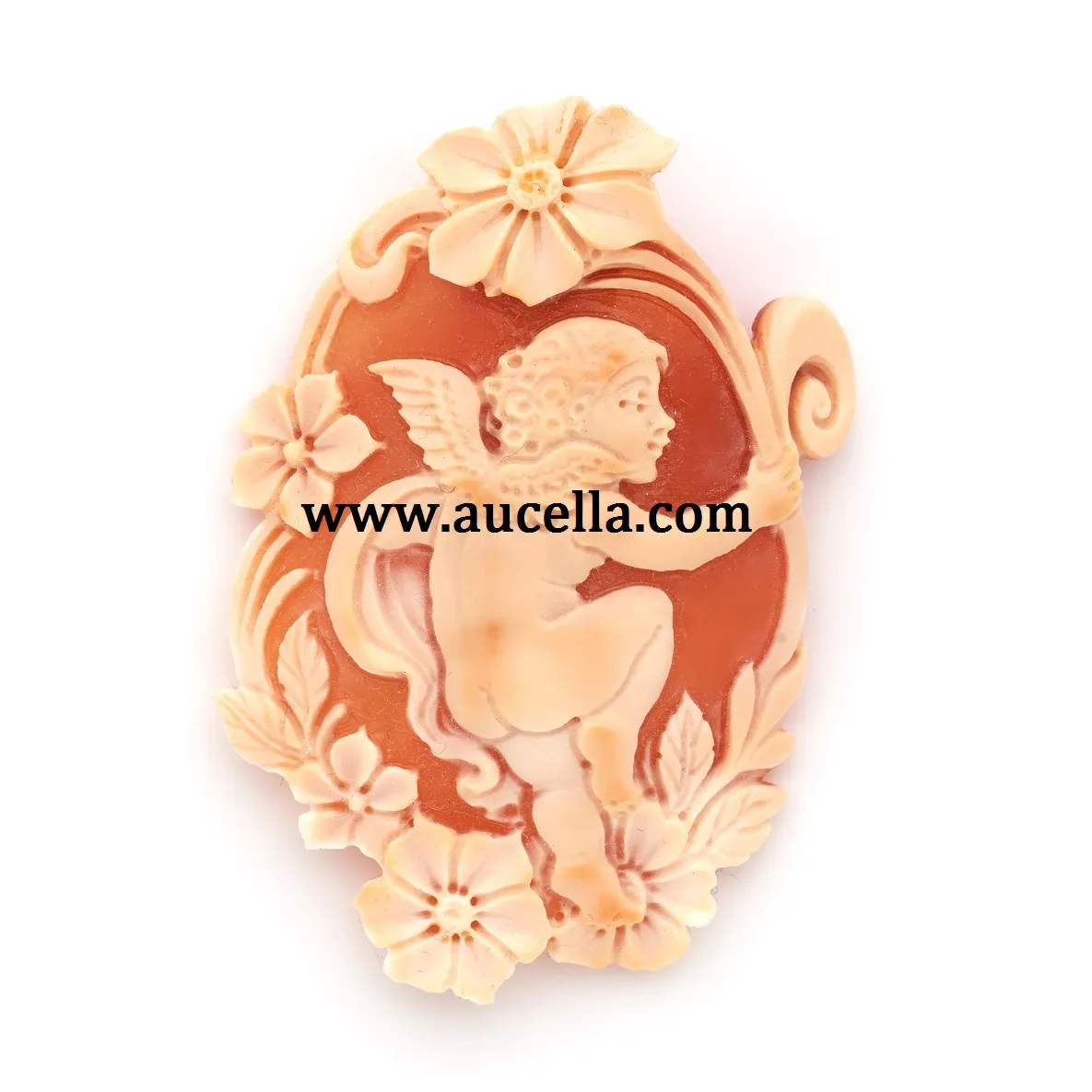 天使と花の手作りのコーネリアン天然貝殻カメオ
