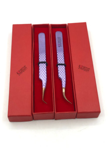 แหนบต่อขนตาสแตนเลสแบบมืออาชีพ45องศาเคลือบผงสีม่วงแวววาวเครื่องมือความงามปลายโค้งสีโรสโกลด์ - Product Image 4