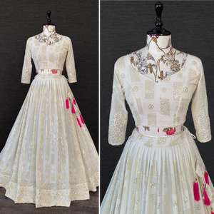 Indian Traditional <b>White</b> Color Georgette Lehenga Choli With Sequence Thread Embroidery Work & Heavy Hand Made Tassels - Product Image 4