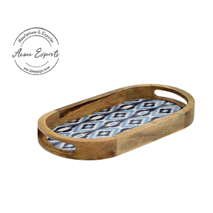 <b>Oval</b> Wood Storage Tray With Blue Ikat Pattern And Handles For <b>Table</b> Use - Product Image 4