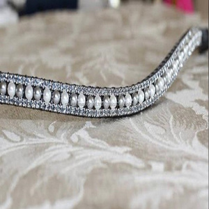 Banda de cejas de caballo hecha a mano de cuero genuino 100% con cadena de Metal de cristal y Perla de lujo de 3 filas - Product Image 2