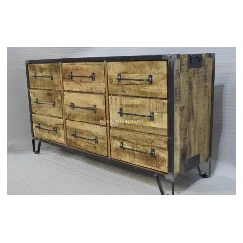 Mueble industrial vintage, mueble de madera de mango de hierro negro con diseño elegante, 8 cajones