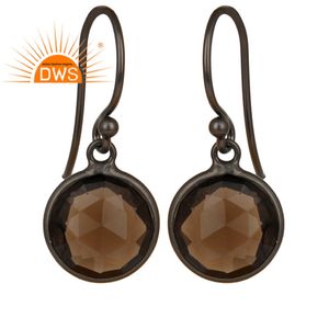 โรเดียมสีดำ925ต่างหูเงินผู้ผลิตเครื่องประดับรอบ Smoky ควอตซ์ชุด Bezel หยดต่างหูเครื่องประดับผู้ผลิต - Product Image 1