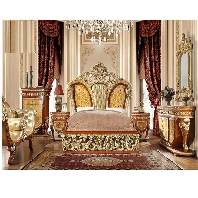 Golden King Size Double Bed & Bedroom Furniture Luxury King Size CAL Bedroom Furniture Set Latest Wooden Bedroom Furniture Set