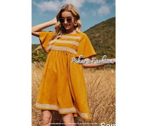 Robe courte pour femme, tenue ethnique, manches mi-longues, en coton, style bohème, brodée, mode, vente en gros, nouvelle collection 2020 - Product Image 1