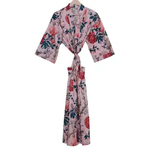 Светло-Розовое Кимоно с цветочным принтом, мягкие и удобные банные халаты, платье с запахом, домашнее пальто, халат, легкое хлопковое кимоно, халаты,
