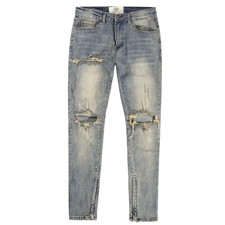 High Street Stretch Destroyed Denim Jeans Ripped Men Jeans Skinny Washed Ripped Tapered Slim Fit Men's Jeans