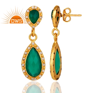 Dernières tendances 2026 : Boucles d'oreilles pendantes plaquées or avec onyx vert naturel et pierres de zirconium pour femmes - Fabricant de bijoux - Product Image 3