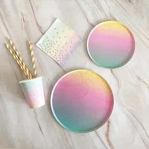 In stock paper plate making machine price party cups set party disposable rainbow plate cup spoon napkin tableware set