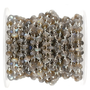 Labradorite Faceted Rondelle Rosary Chain 6–7mm Brass Rhodium Plated <b>Wire</b> Wrapped Gemstone Chain Sold by Foot - Product Image 1