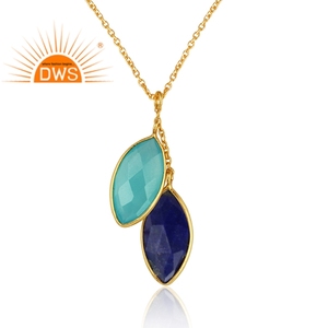 Pendentif en calcédoine et lapis-lazuli, design marquise, plaqué or, en argent sterling, vente en gros, bijoux - Product Image 2