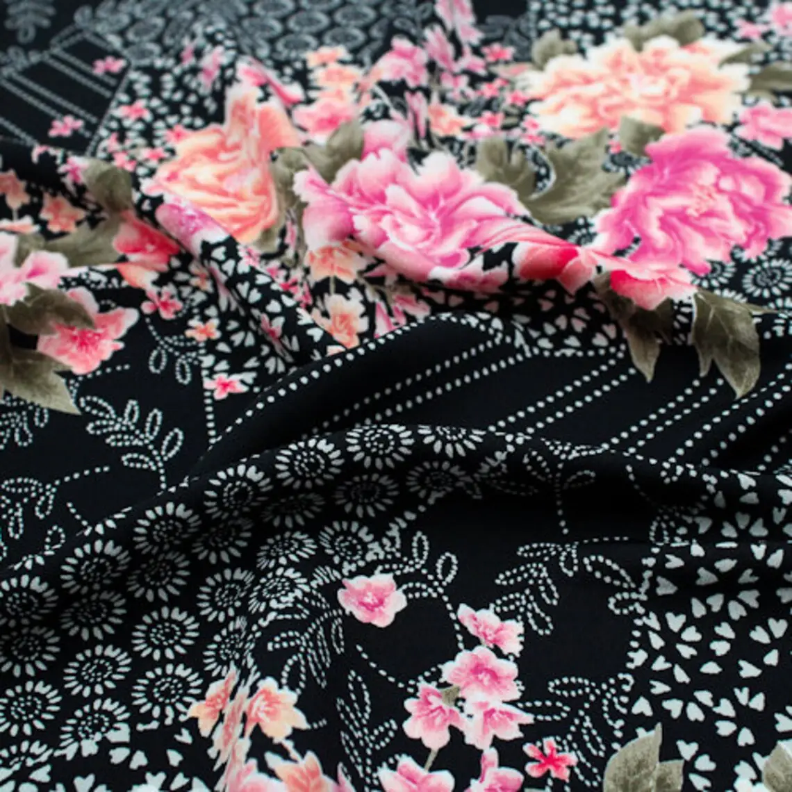 Черного цвета пыльной Розы Цветочные азиатские с принтовым дизайном и надписью «поли марокканский ткань для оптовой продажи-стиль P-1383-754