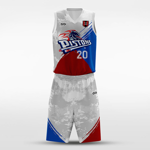 Ensemble de maillots de basket en gros, sublimés, col en V, sans manches, anti-humidité, coupe athlétique, uniforme pour hommes, rouge, bleu, blanc - Product Image 3