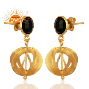 Pendientes de plata de ley con diseño de bola de filigrana, GEMA de ónix negra, joyería chapada en oro de 18k, Pendientes colgantes, fabricante de joyería - Product Image 2