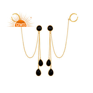 Pendientes Colgantes de Plata de Ley 925 con Baño de Oro y Ónix Negro Natural de la Mejor Calidad 2026 para Mujer, Fabricante de Joyería - Product Image 1