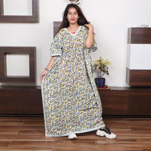 Diseño artesanal Caftán de verano Bloque de algodón puro Estampado Floral Vestido Decoración de encaje Cuello en V Libre Casual Media manga corta - Product Image 1